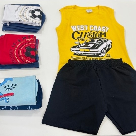 Kit 4 Peças Sortidas Verão Conjunto de Roupa Infantil Menino 5 Regatas ou manga + 5 Bermudas Tamanho 2 ao 12
