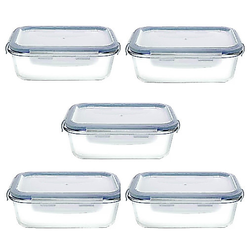 Kit 5 Potes Hermético Vidro Retangular 640ml Marmita Tampa Transparente