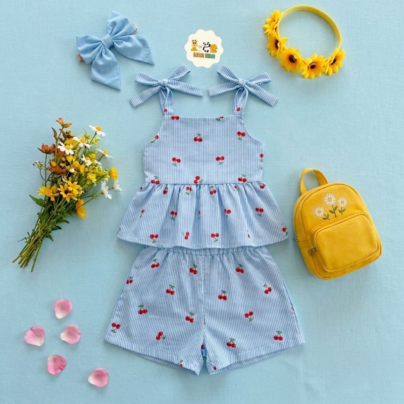 conjunto infantil menina estampa cerejinha colorida  cereja short e blusa -  Verão Cherry Disponível 2 ao 10