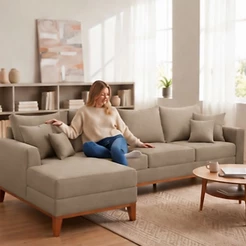 Sofá 4 Lugares Beny com Chaise Esquerdo Suede Capuccino