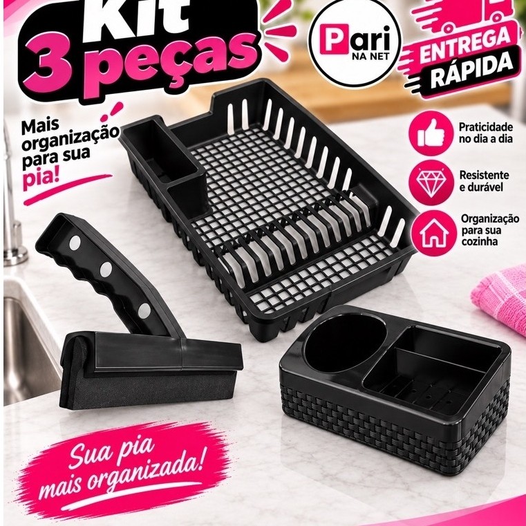 Kit Escorredor de Louças 12 Pratos Cozinha Plástico Preto Porta Detergente Base Rodinho de pia