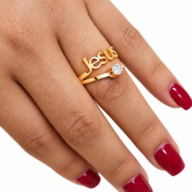 Não escurece, anel feminino pedra brilhante jesus designer aço inox ponto de luz preta dourada
