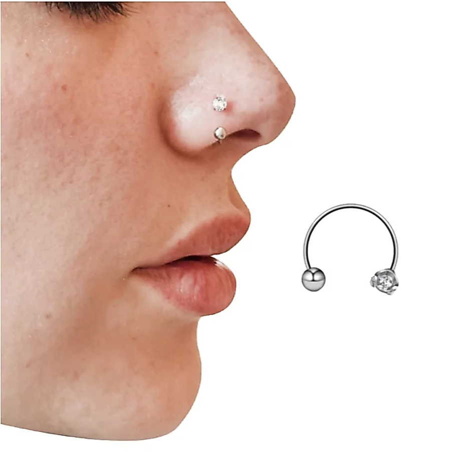 1PÇ Piercing Ferradura Fina para Nariz Aço Gold com Zircônia