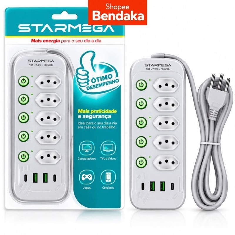 Filtro de Linha Extensão 5 Tomadas 4 USB Cabo 2M 10A 2500W Bivolt Starmega ST-864