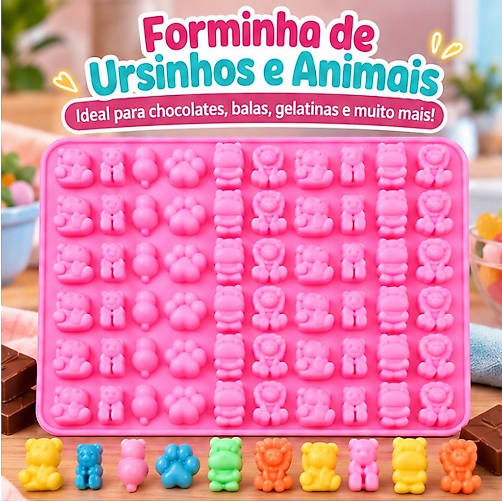 Molde Silicone 60 Cavidades Animais Ursinhos Chocolate Bala Gelatina Doces Festa Confeitaria Forminha
