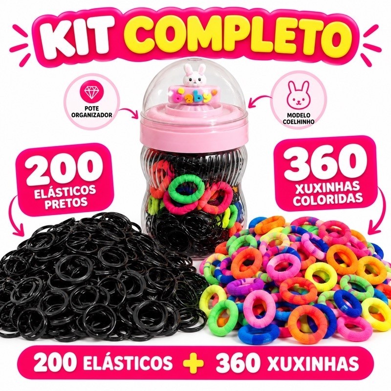 Elásticos para Cabelo + Xuxinhas Coloridas 560 Unidades com Pote Organizador Infantil