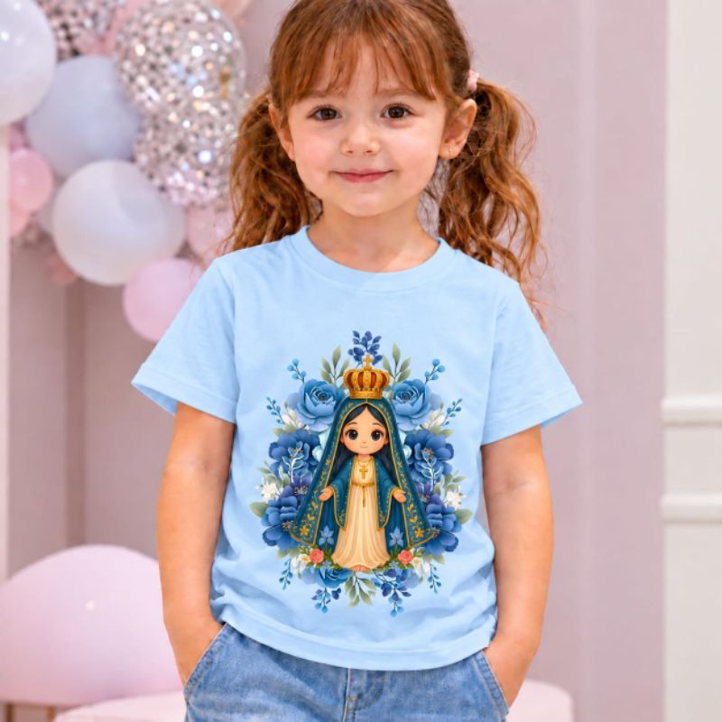 Camiseta Infantil Nossa Senhora Aparecida  Estampada Fé Católica Religiosa Infantil Manga Curta