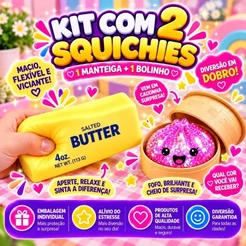 KIT 2 SQUICHIES - SQUICHY BOLINHO DUMPLING GLITTER E SQUICHY TABLETE DE MANTEIGA