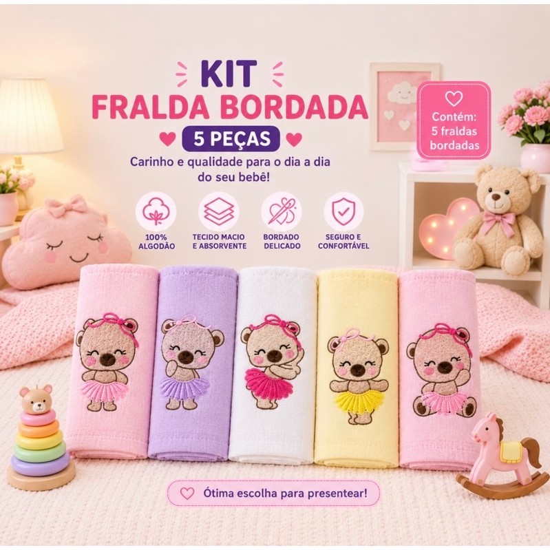 Kit Fralda de Pano Bordada Tecidos Duplo,com 5 Unidades 70x70cm 100% Algodão Feminino e Masculino.