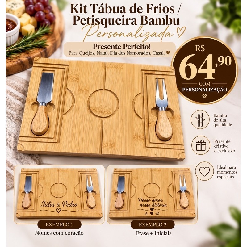 Kit Tábua de Frios / Petisqueira Bambu Personalizada – Presente Perfeito! Para Queijos, Natal, Dia dos Namorados, Casal.