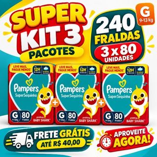 FRALDA PAMPERS SUPERSEQUINHA - SUPER KIT 3 PACOTES - TAMANHO G - TOTAL DE  240 UNIDADES - BABY SHARK