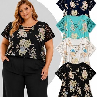 Blusa Plus Size Estampada com Mangas em Guippir