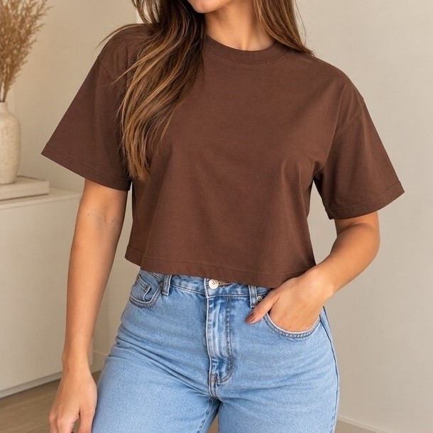 Cropped Feminino Oversized Básico Manga Curta Algodão Confortável