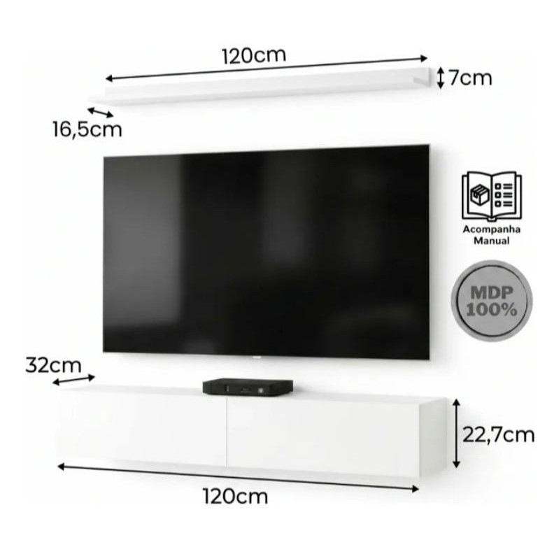 Painel Rack Suspenso 120 cm com Porta Basculante Design Moderno e Minimalista para TV e Aparelhos Eletrônicos MDP 100%