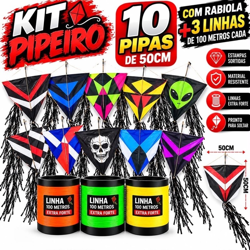 Kit 10 Pipas 50cm com Rabiola + 3 Linhas 100 Metros Kit Pipeiro Completo Estampas Sortidas