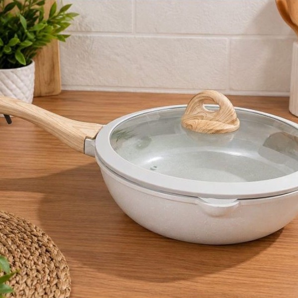 Mollycook Deep Fry Pan 28cm Antiaderente e indução com tampa de vidro