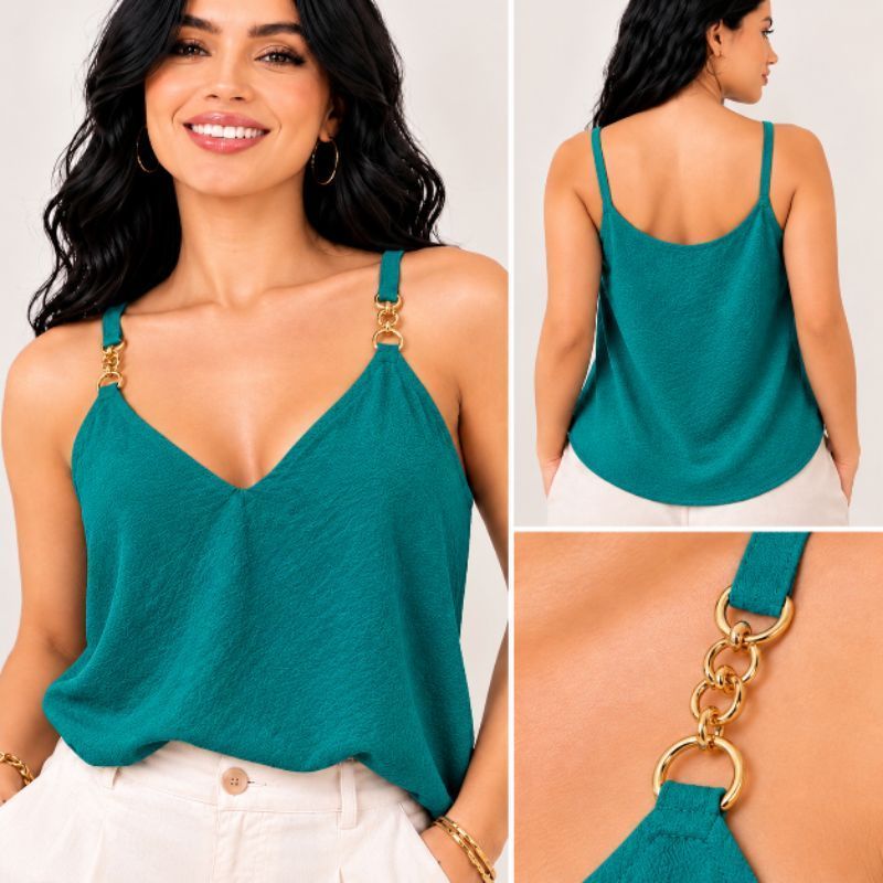 blusa regata Feminina em tecido Duna /Detalhe metal (dourado e prata)/confortável elegante/alça regulável/Decote V