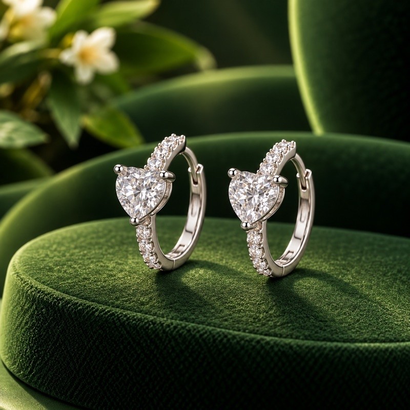 Brinco Argolinha Coração Moissanite 5,5mm em Prata 925