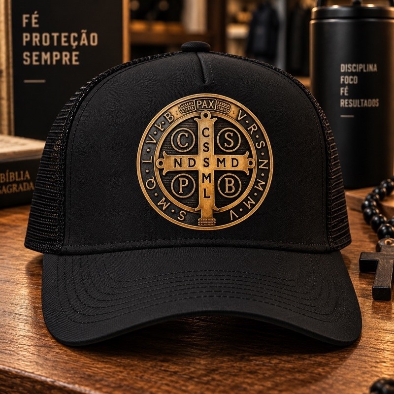 BONE ABA CURVA ESTILO TRUCKER AJUSTÁVEL CRUZ SAGRADA LANÇAMENTO