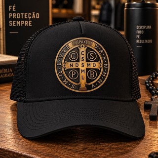 BONE ABA CURVA ESTILO TRUCKER AJUSTÁVEL CRUZ SAGRADA LANÇAMENTO