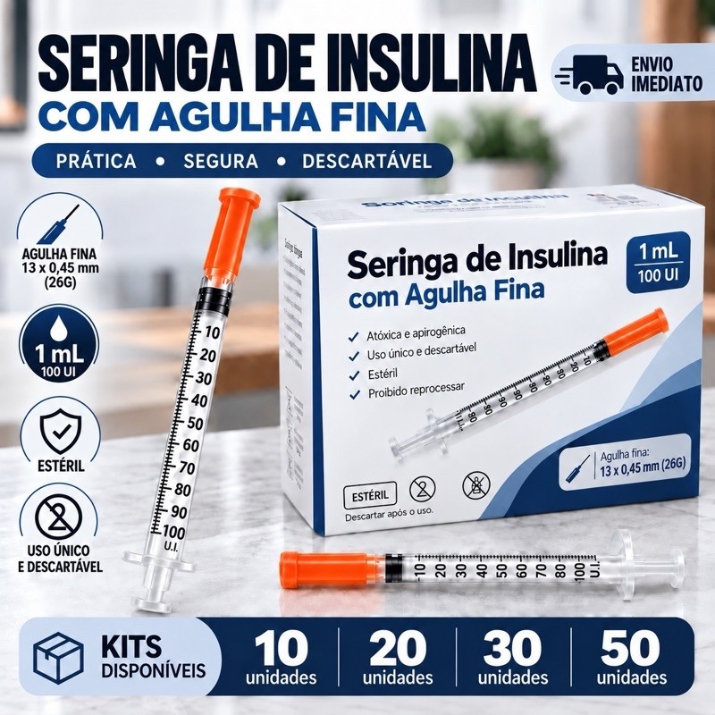 Seringa Insulina 1ml 13 x 0,45mm 26G Agulha Ultra Fina Zero Resíduo Venper Medix Descarpack SR Solidor Sol-M