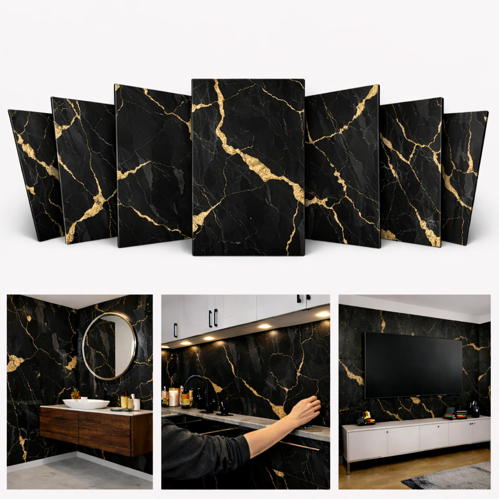 Kit Placa Vinílica 3D Adesiva Mármore Revestimento Impermeável Lavável para Parede Casa Decoração