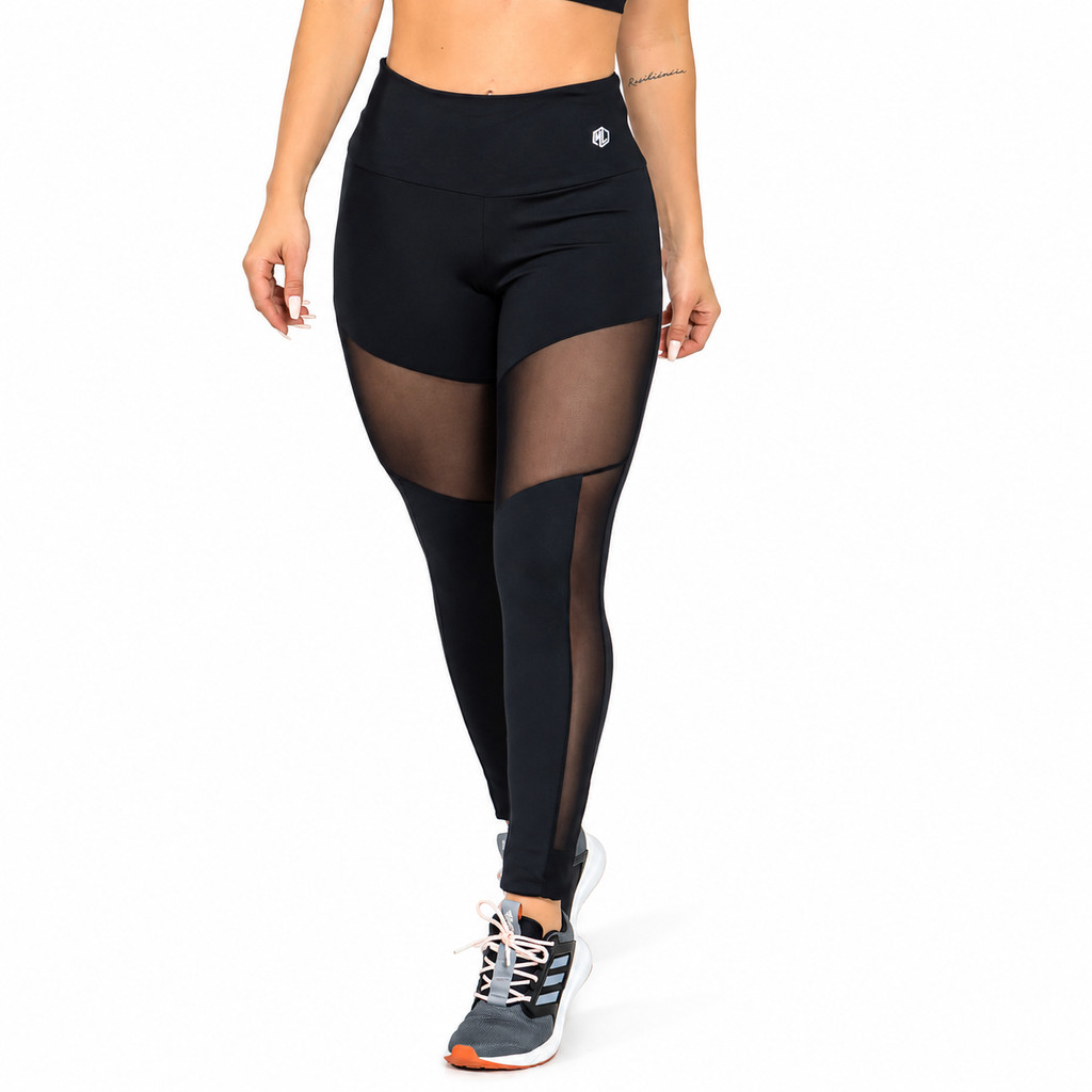 Legging Feminina Manalinda Fitness com Tule Zero Transparência Academia Treino Esportiva Conforto