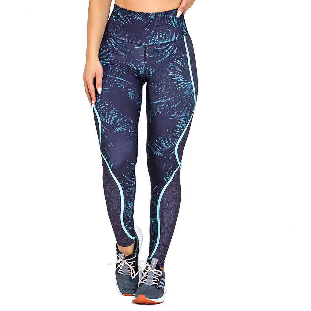 Legging Feminina Manalinda Black & Blue Zero Transparência Alta Compressão Proteção UV 50+ Academia — imagem 1