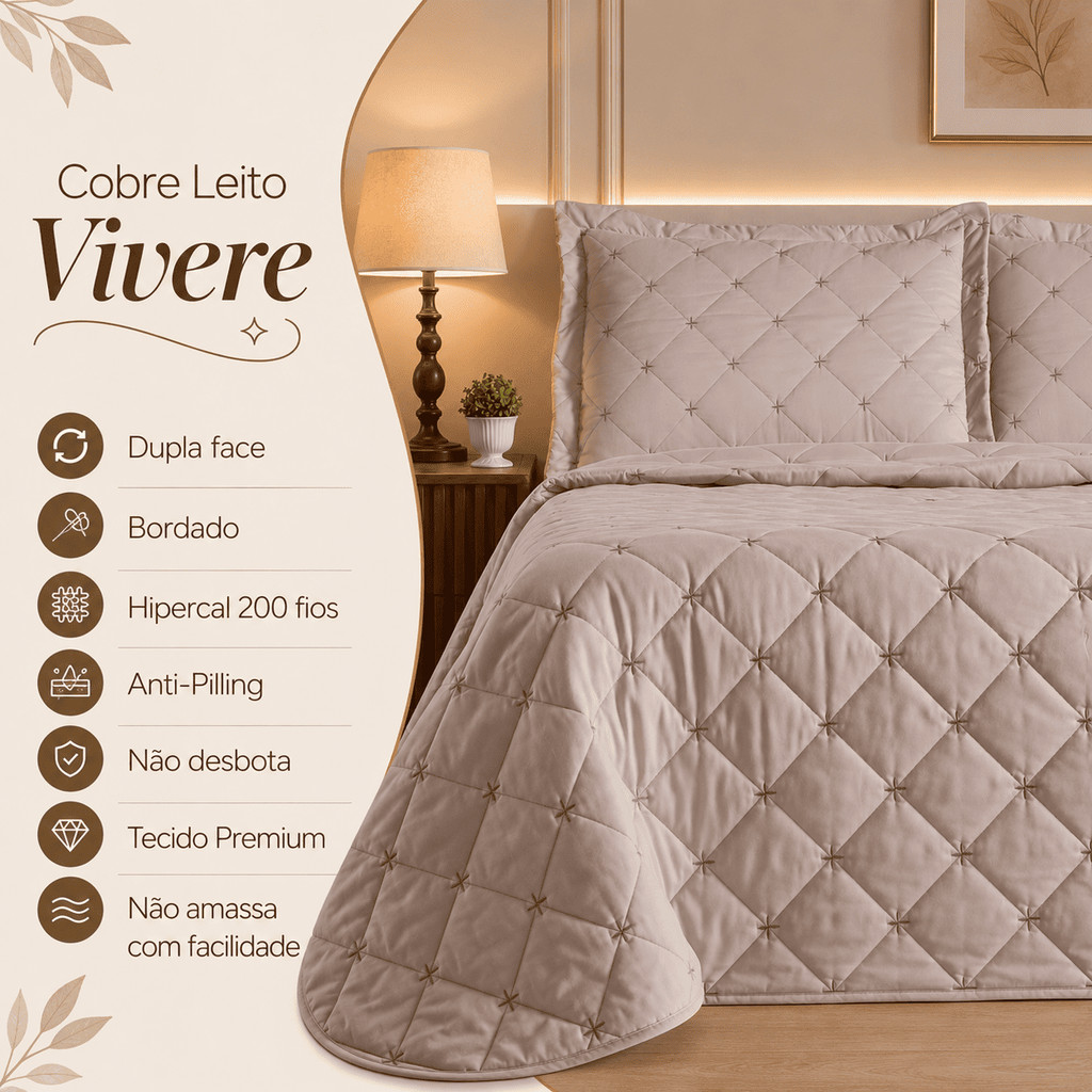 Cobre Leito Kit Colcha Percal CASAL PADRÃO Toque Macio Bordado Vivere Luxo Dupla Face