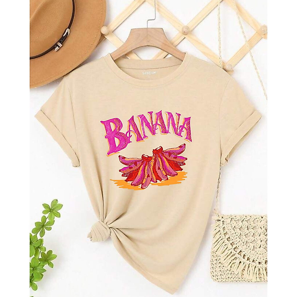 Camiseta Feminina Cáqui Estampa Banana Tendência 100% Algodão Premium Casual Confortável Estilosa Fofa