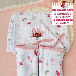 Kit toalha de banho bebê soft 3 camadas 85x85 + kit 2 panos de boca babetes