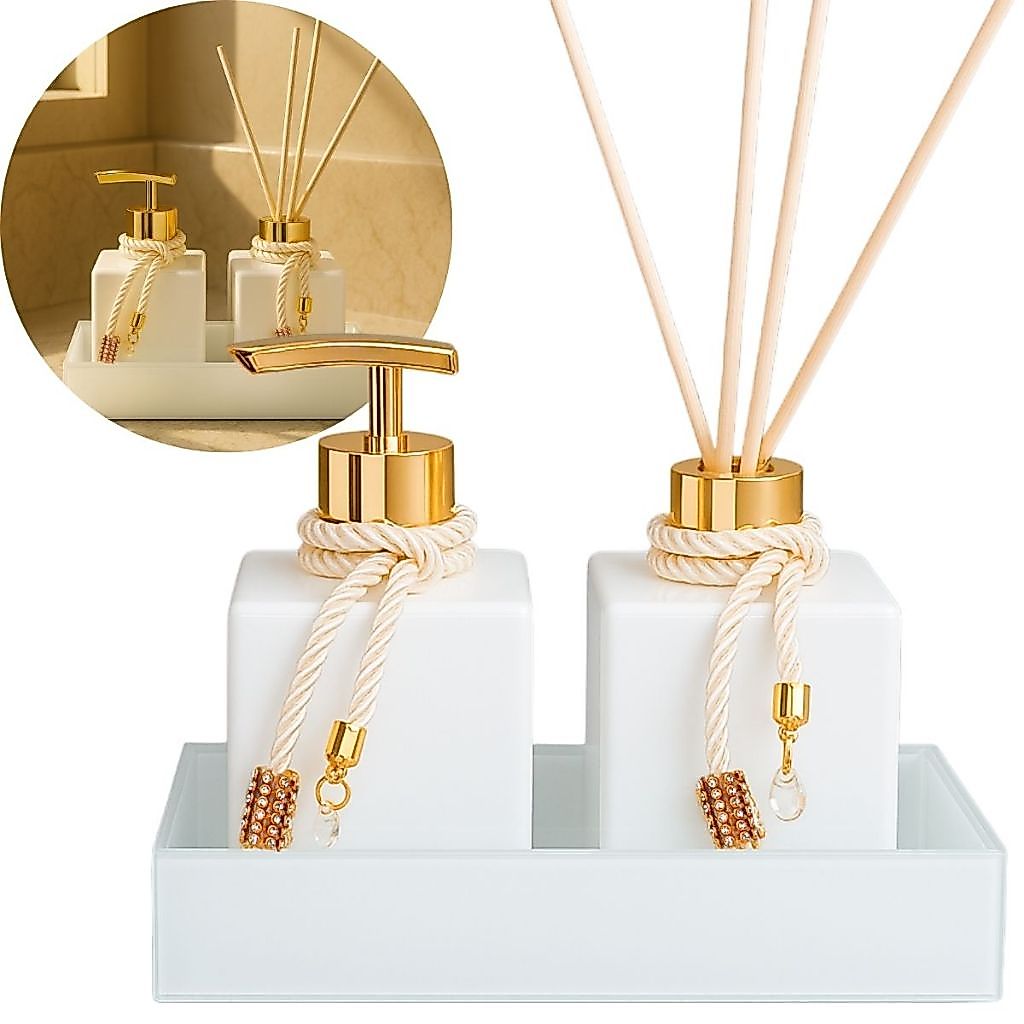 Kit Lavabo Luxo Cubo 250ml Com Bandeja Modular Decorativa Saboneteira e difusor