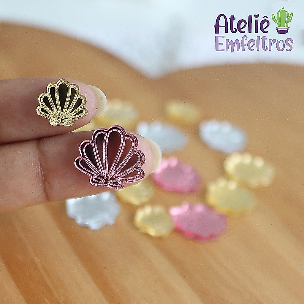 Mini recortes apliques em acrílico espelhado - Concha Fundo do Mar - 1 cm 20 uni - 1,5 cm 10 uni