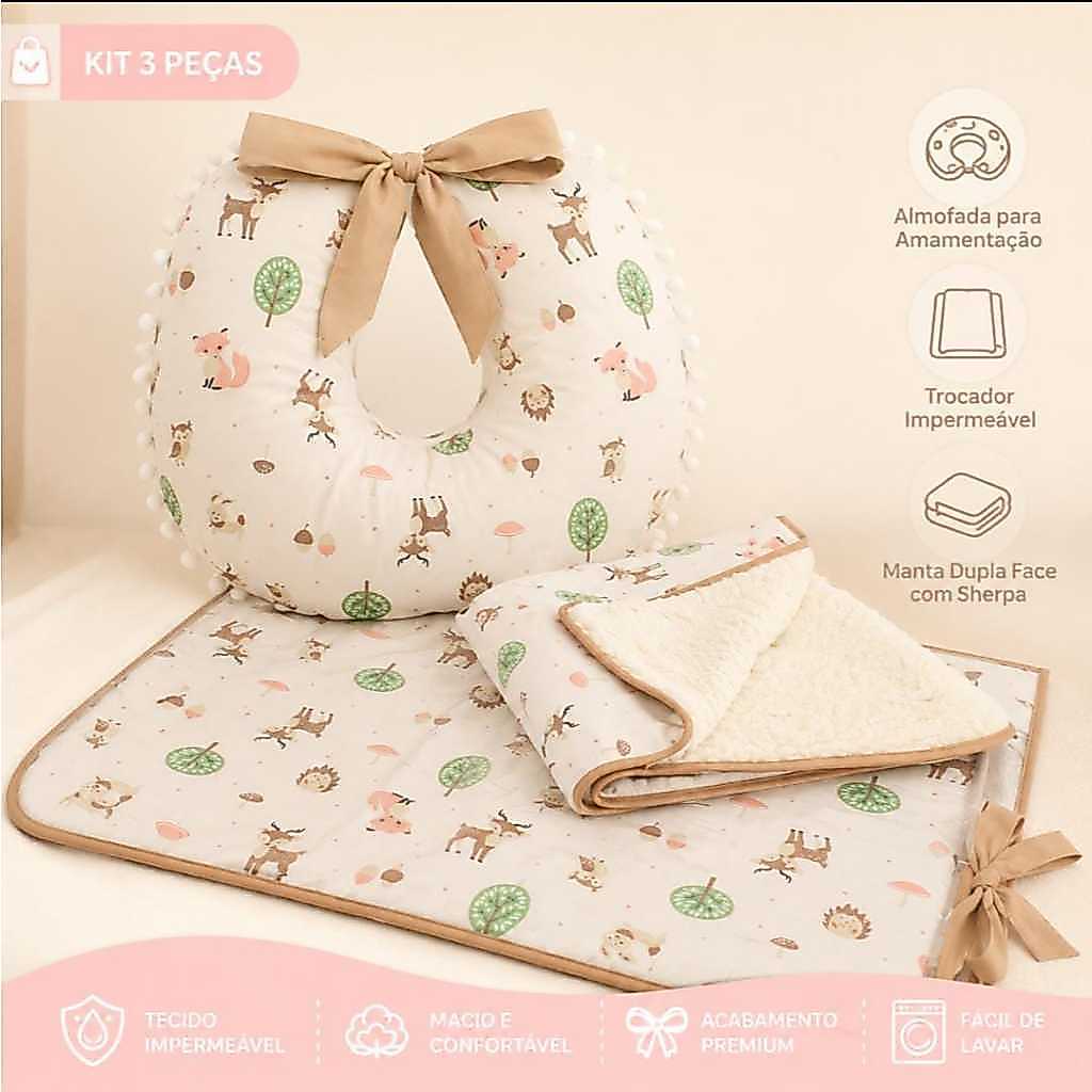 Kit Amamentação 3 Peças para Bebê com Almofada + Manta Sherpa Dupla Face + Trocador Impermeável