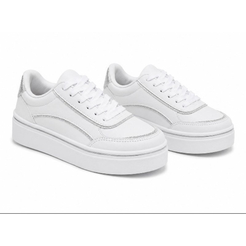 Tênis Feminino Casual Plataforma Branco com Detalhes Dourados – Confortável e Moderno