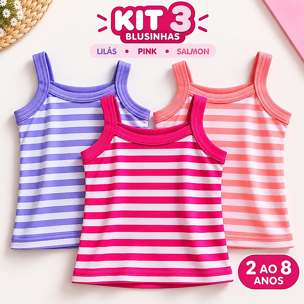 Kit 3 Blusa Alcinha Listras Ribana Algodão Alcinha Listradas Infantil Menina Confortável Alcinha Feminina Premium