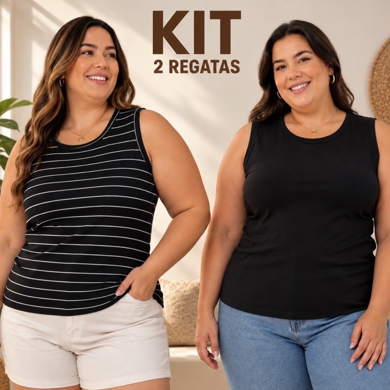 Kit 2 Regatas Canelada Blusa Feminina Plus Size GG XGG Alça Larga Básica Dia a Dia Verão