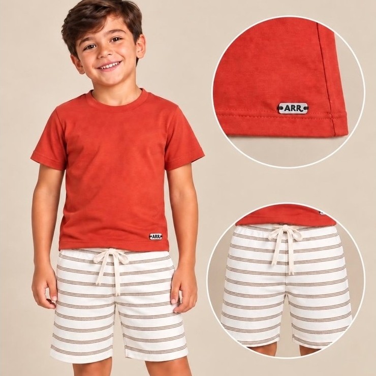 Conjunto Infantil Menino Camiseta e Bermuda Listrada Vermelho