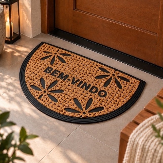 Capacho de Entrada Fibra de Coco 40x60cm Tapete para Porta Decorativo Moderno Flor de Lótus Capacho Meia Lua