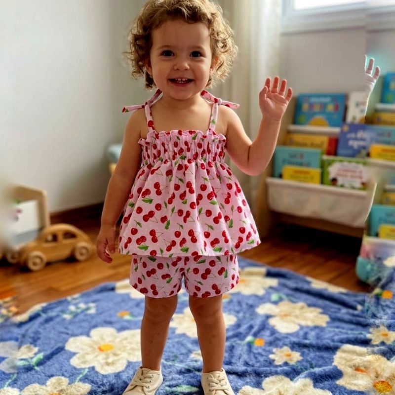 conjunto infantil feminino blusa e shorts tecido crepinho estampado moda verão tamanho 4