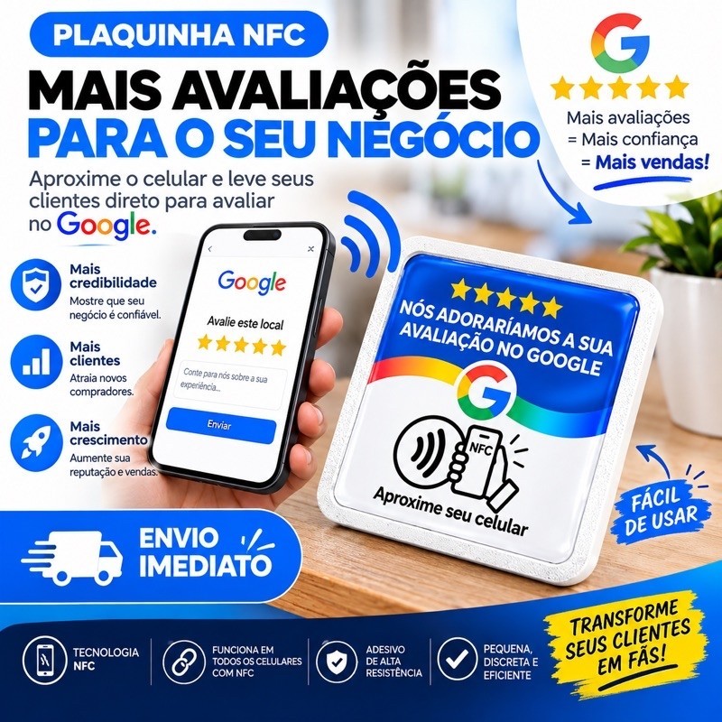 Kit com 2 Plaquinhas NFC Google Meu Negócio Avaliação 10x10cm Aproxime o Celular