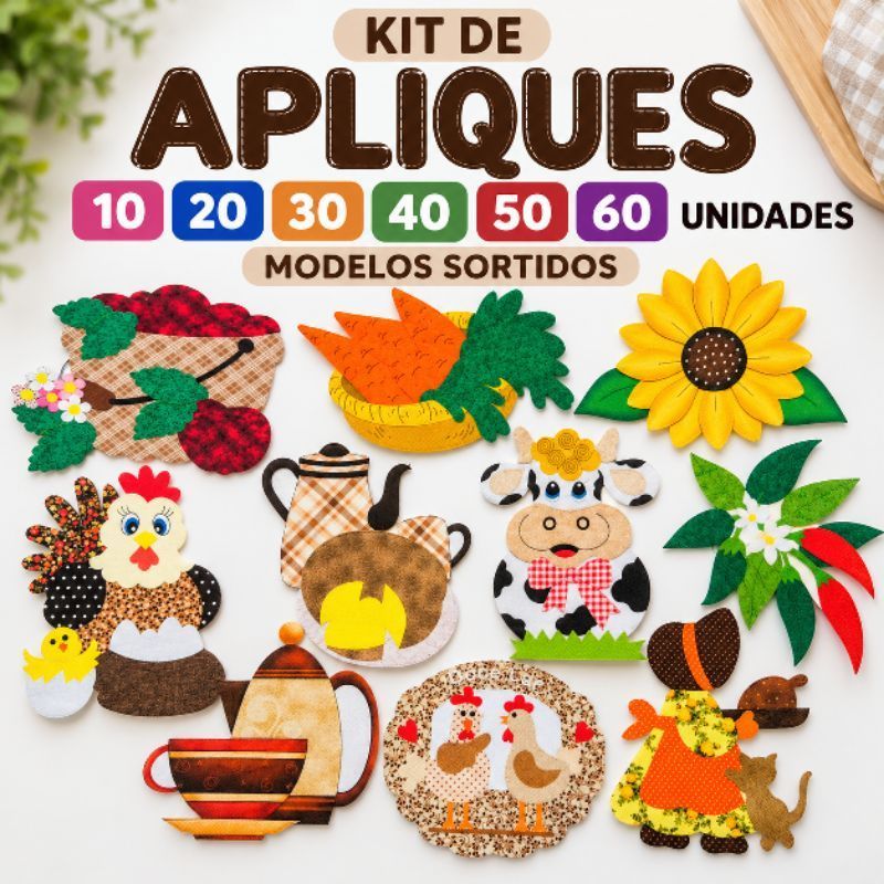 Kit Apliques Patchwork 10 a 60 Unidades Apliques em Tecido para Artesanato e Costura