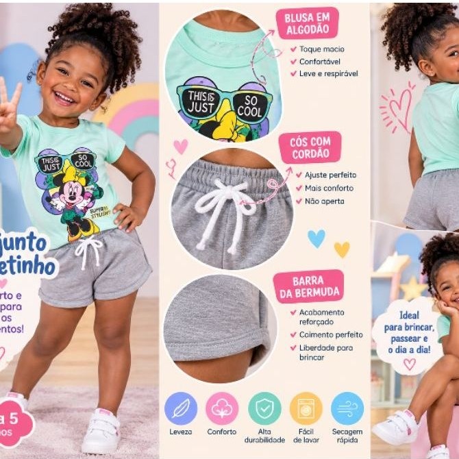 CONJUNTO INFANTIL FEMININO MOLETINHO 2 A 5 ANOS / CONJUNTO KIDS MENINA BERMUDA MOLETINHO camisa + bermuda infantil