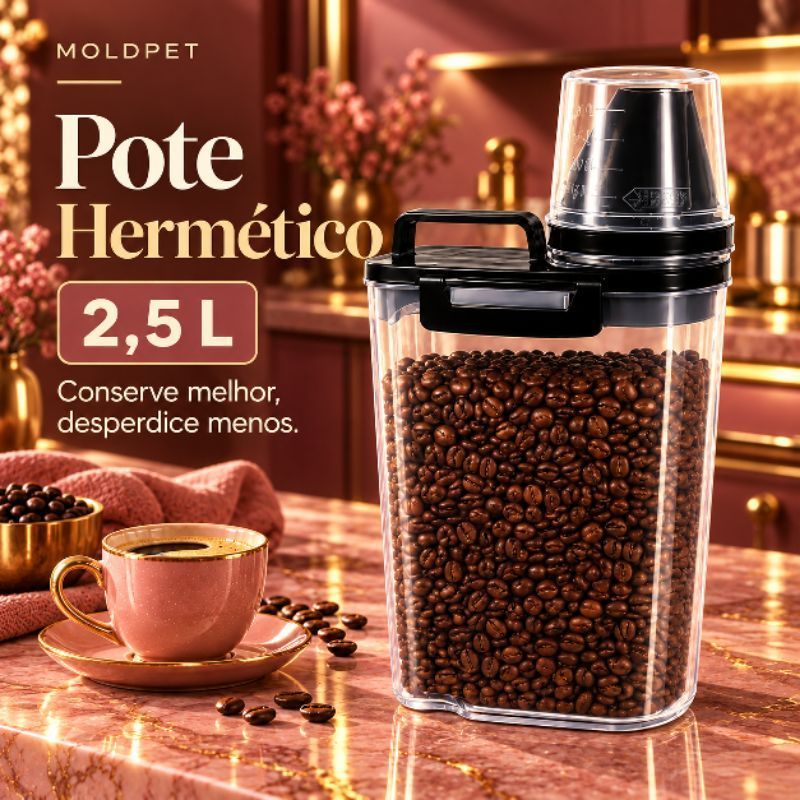 Kit Pote Hermético 2,5L Com Dosador e Copo Medidor Travas Laterais Armazenador de Grãos Liquidos Multiuso