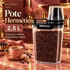 Conjunto Pote Hermético 2,5L Com Dosador e Copo Medidor Travas Laterais Armazenador de Grãos Liquidos Multiuso