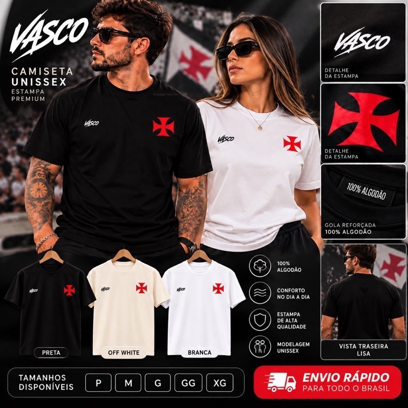 Camiseta Unissex Vasco da Gama | Estampa Cruz + Vasco | Camiseta de Passeio | 100% Algodão