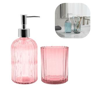 Conjunto Para Banheiro Vidro Cristalino 2 Pç Dispensador de sabonete 400ml Porta Escova Em Casa Tem