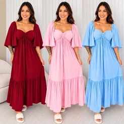 vestido longo feminino moda verão inverno de manga curta em tecido duna