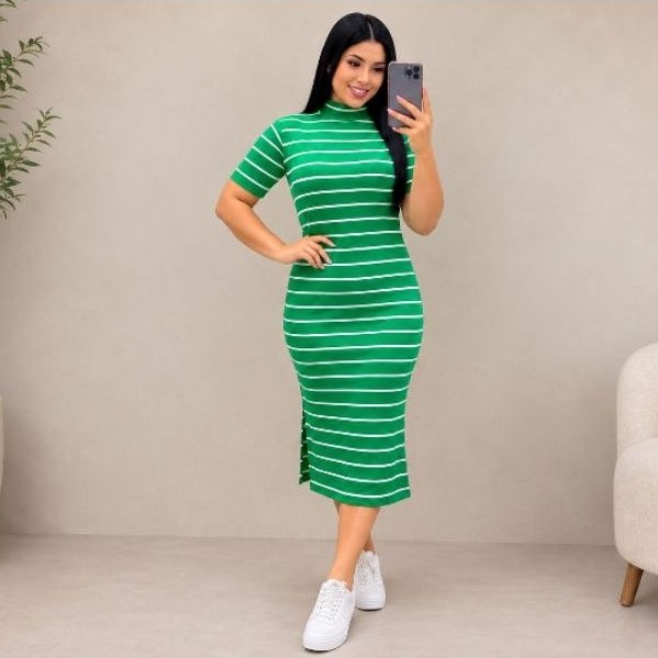 Vestido Midi Canelado Feminino Listrado Manga Curta Moda Elegante 38 ao 46