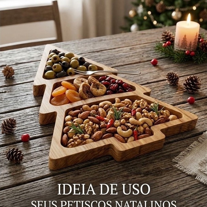 Petisqueira de Madeira Natalina Pinheiro com Divisões Personalizada - Tábua de Frios Natal
